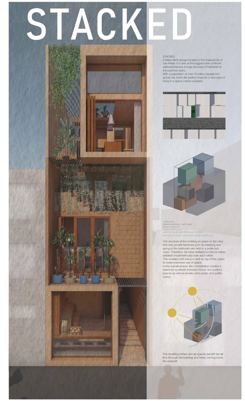 Sectional drawing showing stacked living spaces with timber framing and planted terraces alongside axonometric diagrams