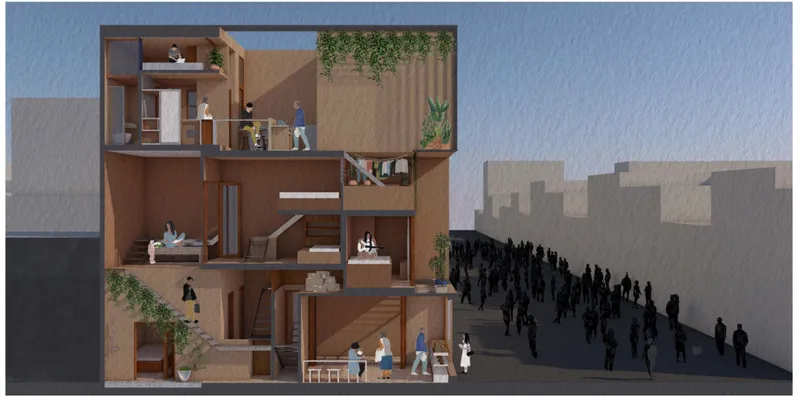 Section view revealing offset volumes with timber structure, greenery, and figures inhabiting multiple levels
