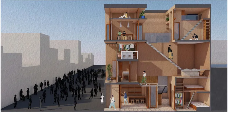 Cutaway section showing interconnected domestic spaces with stairs, planted areas, and silhouetted crowd below