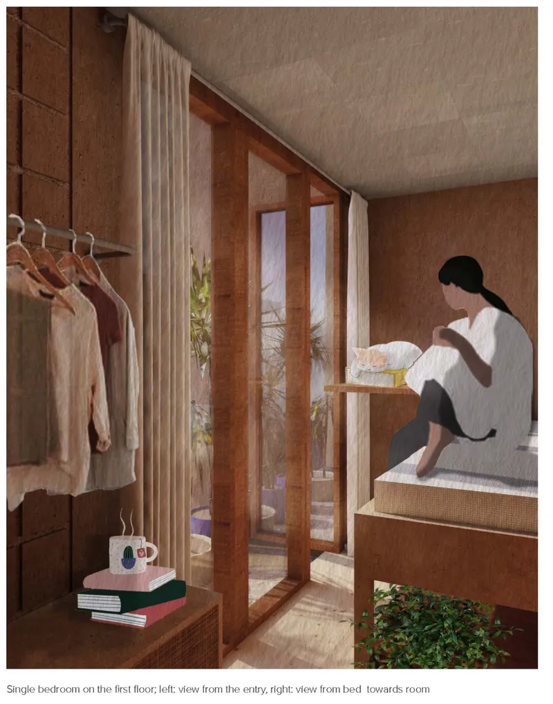Bedroom with timber-lined walls, vertical slat partition, and figure seated on woven platform bed