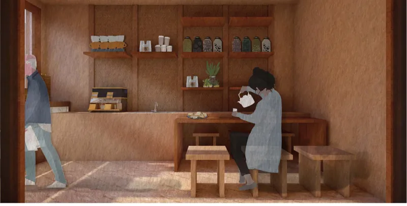 Interior counter space with timber shelving, ceramic storage jars, and figure holding white dishware