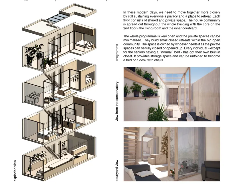 Exploded axonometric drawing revealing the stacked floor plates and central stairwell connecting all four levels