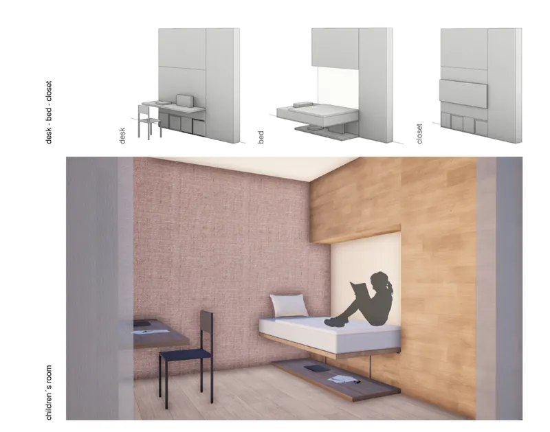 Interior view of a compact bedroom with a fold-down bed extending from timber-clad and textile-covered walls