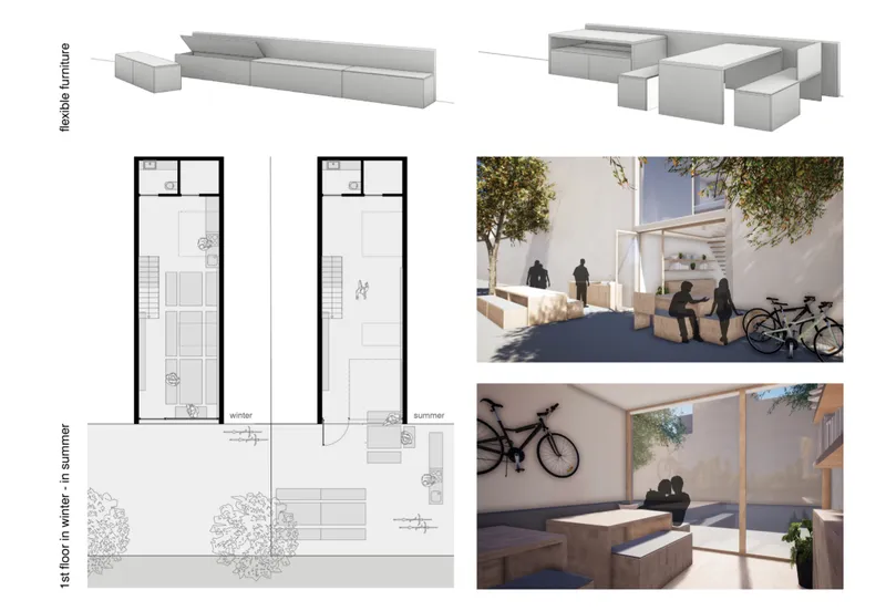 Section plan and model diagrams showing two adjacent narrow units with outdoor terraces and planted trees