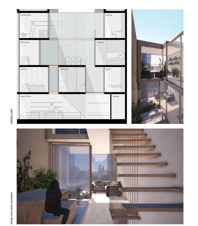 Section drawing and interior view showing floating timber stairs with vertical balusters beside a planted courtyard