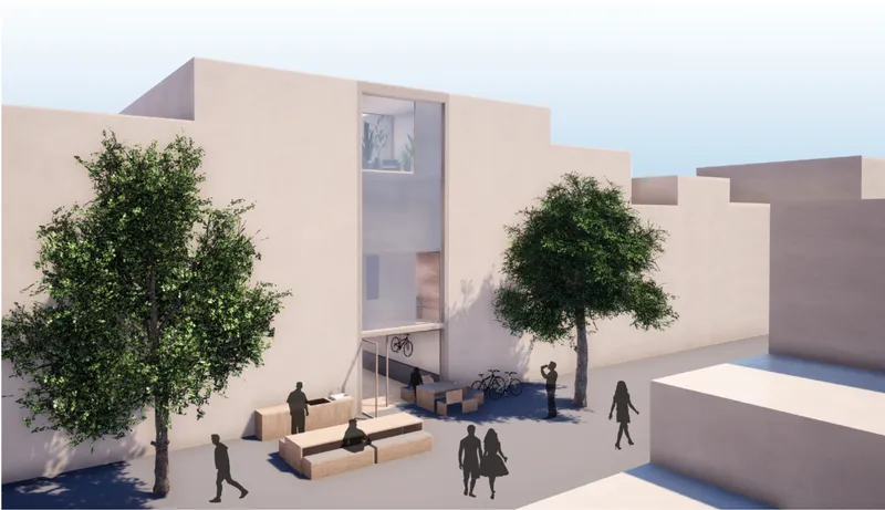 Physical model showing a narrow facade with vertical glazing between masonry volumes and pedestrians below trees