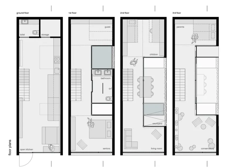 Floor plan drawings showing the four levels of a narrow townhouse with stair circulation and room layouts
