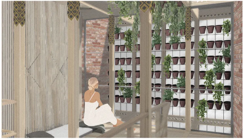Interior view of a green wall with potted plants in a grid beside timber screens