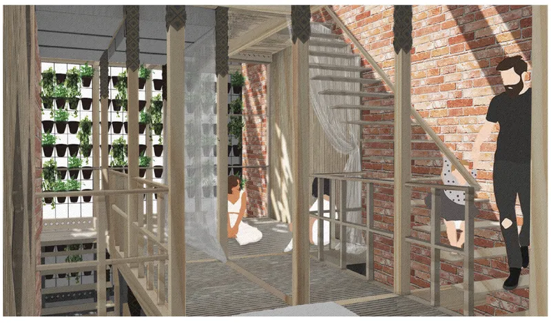 View through timber slat partitions toward a brick wall and staircase with dappled sunlight