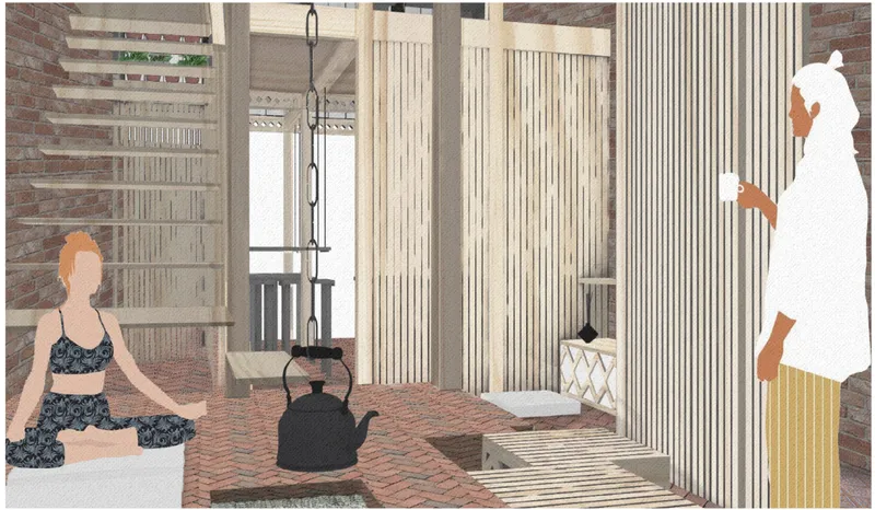 Interior space with vertical timber screens separating areas and two figures in natural light