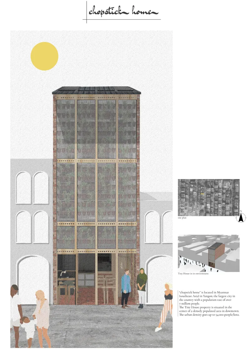Elevation drawing showing a narrow brick tower facade with timber framing and pedestrians below