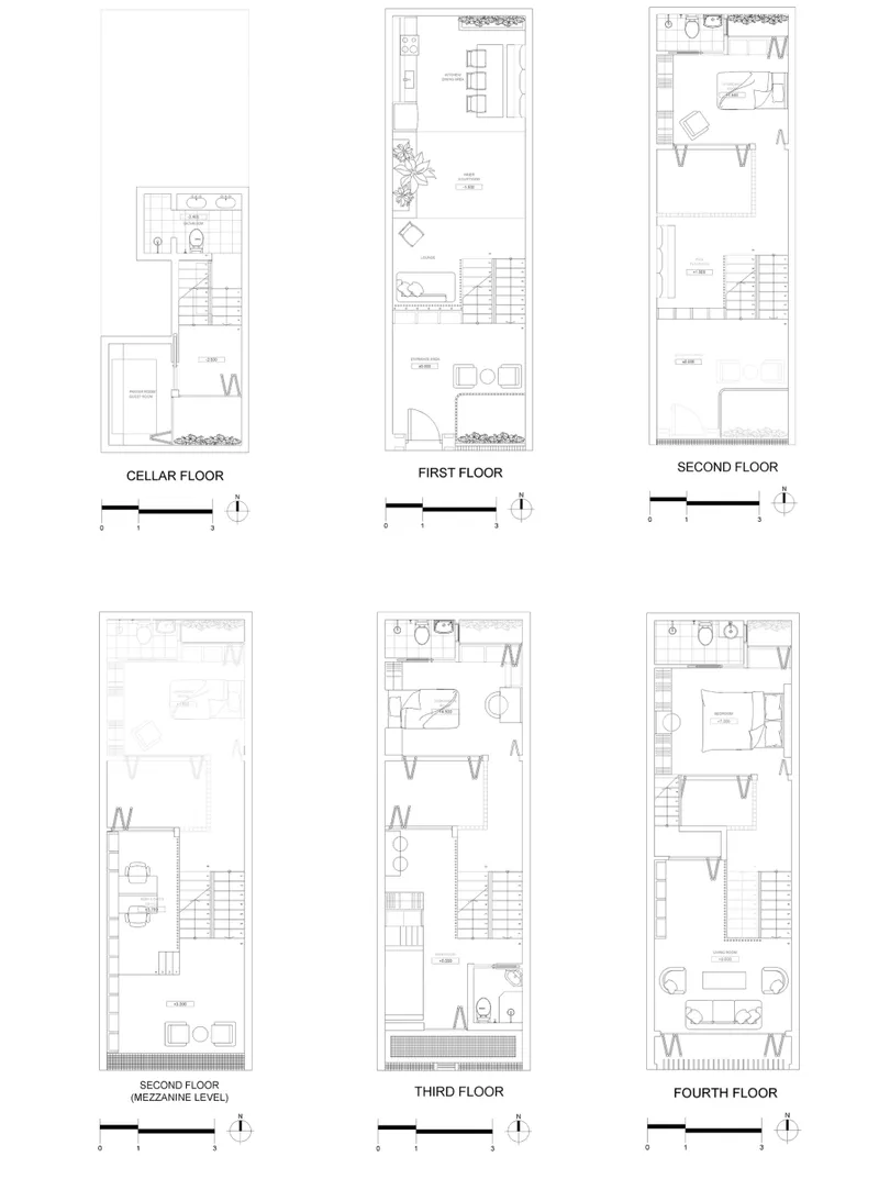 Floor plan drawings showing six levels from cellar to fourth floor with room layouts and furniture placement