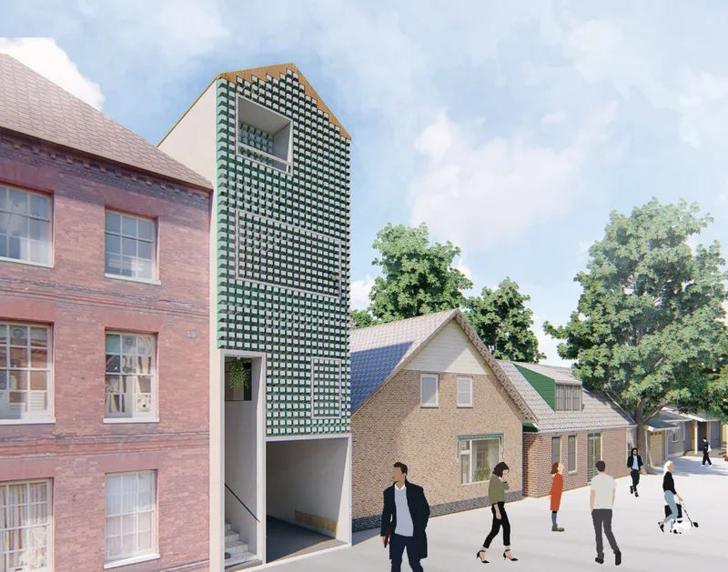 Street view of narrow facade with perforated brick screen between masonry neighbors and pedestrians passing below