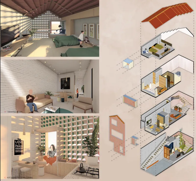 Exploded axonometric drawing showing four floor levels with interior furnishings and roof terrace highlighted in orange