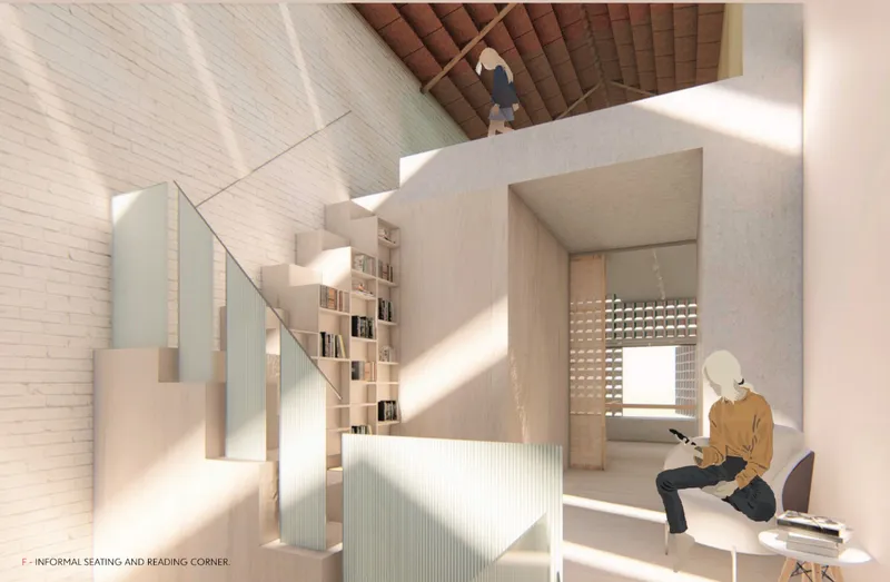 Interior view of stairs flanked by glass panels and built-in shelving beneath an exposed timber-beam ceiling