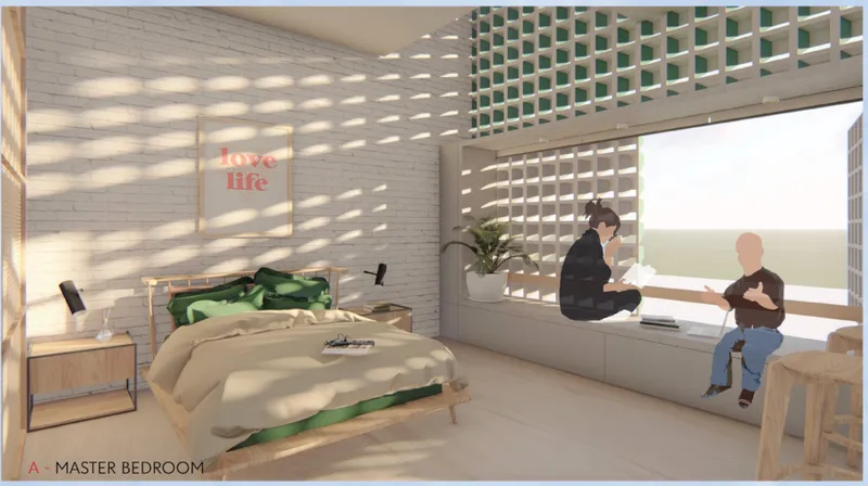 Bedroom with perforated brick screen wall filtering dappled sunlight onto white brick and a built-in window seat