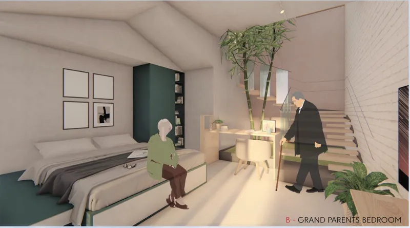 Bedroom interior with potted bamboo beside a timber-framed bed and two figures in afternoon light