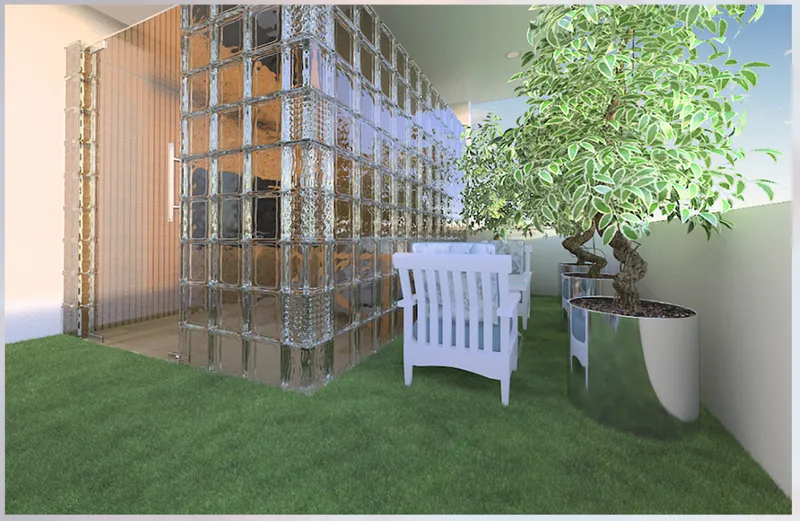 Roof terrace with glass block screen and potted tree casting shadows on artificial turf