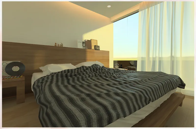 Bedroom with striped bedding and wooden headboard wall lit by warm afternoon light