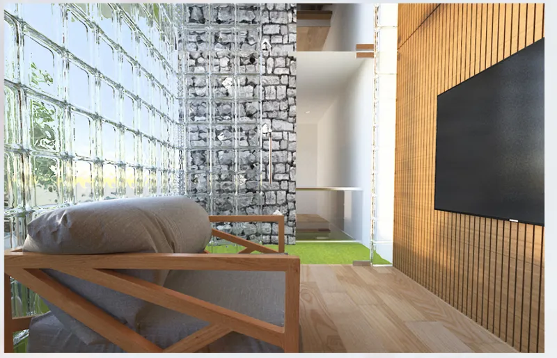 Living space with glass block wall and timber slatted screen beside media display