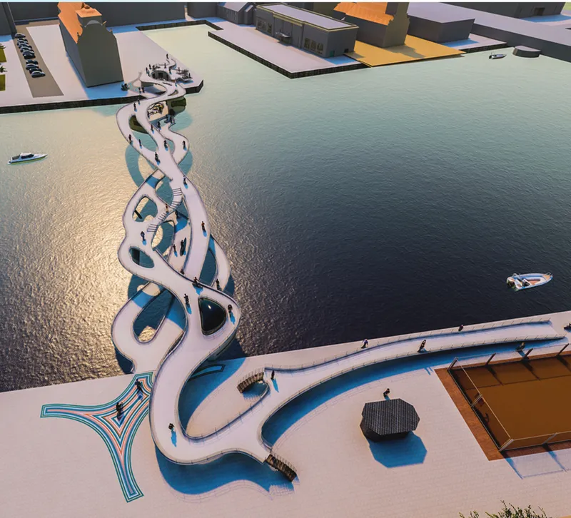 Aerial view of a pedestrian bridge with intertwining sculptural loops extending into the harbor