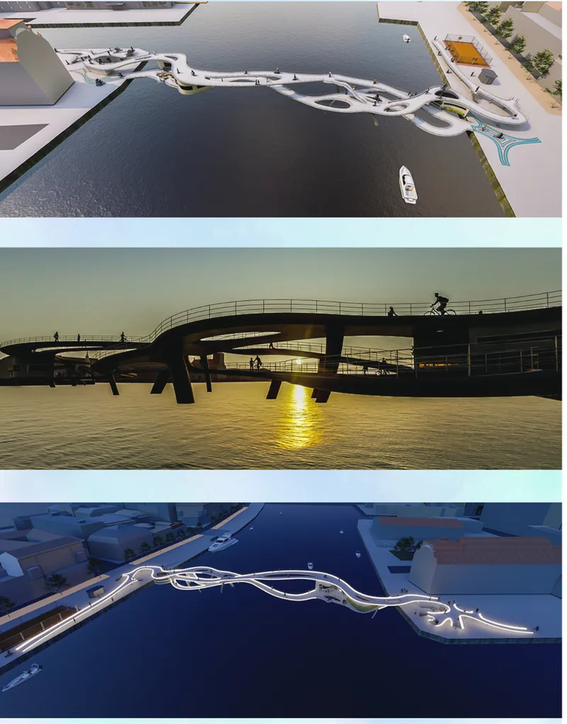 Rendering of the curved pedestrian bridge spanning the waterfront at sunset with a cyclist crossing