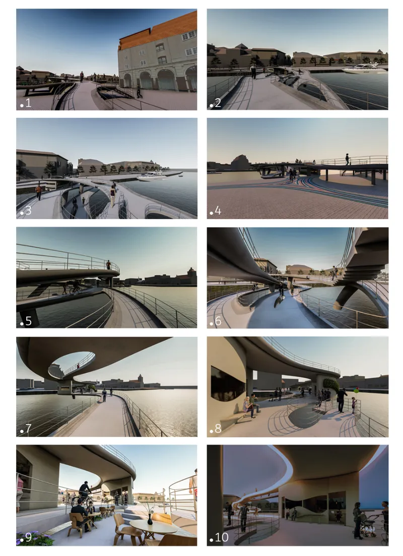 Sequence of renderings showing people walking and cycling along the curved decks at dusk
