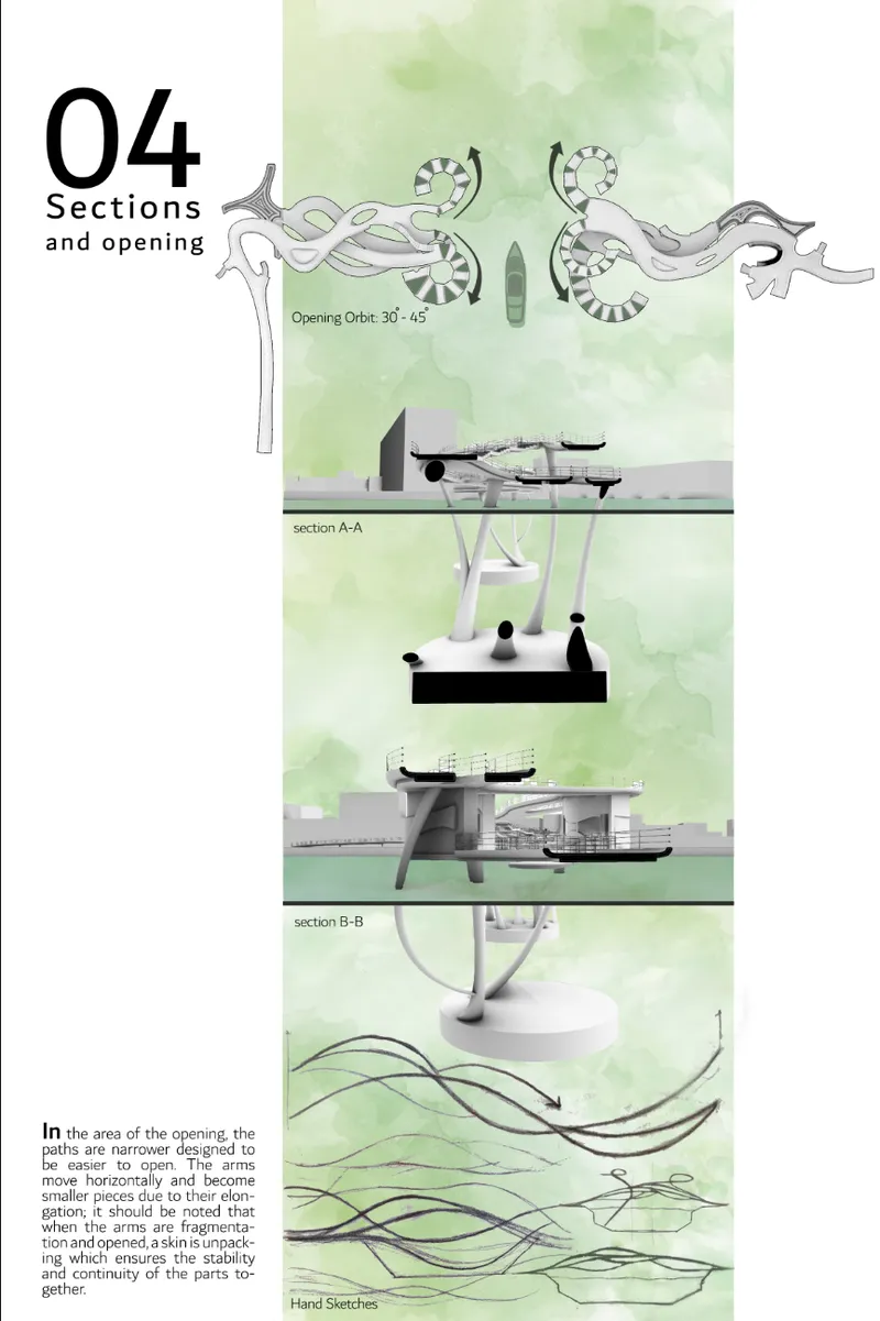 Section drawings showing the bridge's sculptural profile and internal circulation with hand sketches