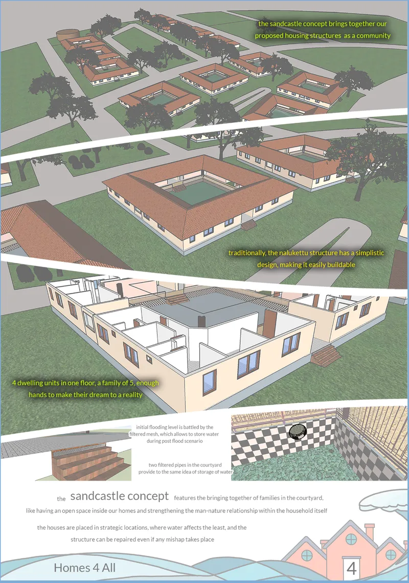 Aerial axonometric views of courtyard housing clusters with terracotta roofs and interior sectional cutaway