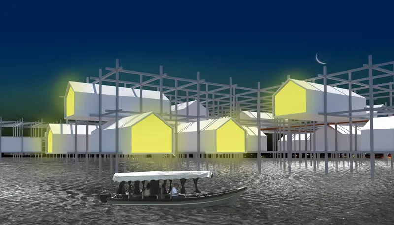 Rendering of elevated housing volumes on a structural grid at night with a boat below