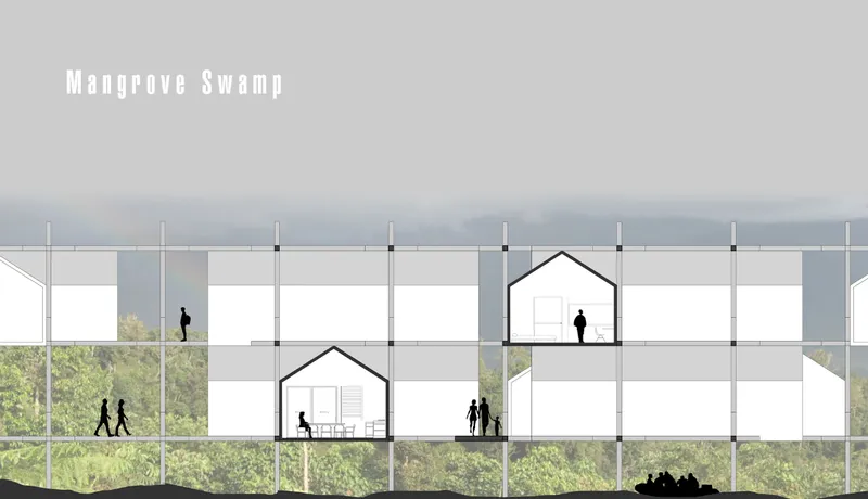 Section drawing showing house-shaped units inserted within a multi-level structural framework with figures