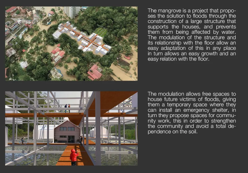 View beneath the raised structural grid with orange walkway panels spanning over floodwater