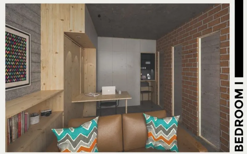Rendering of bedroom interior with exposed brick wall, timber shelving, and concrete ceiling