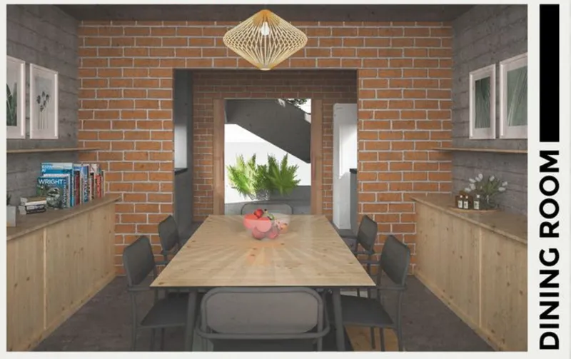 Rendering of dining room with long timber table, brick wall, and geometric pendant light