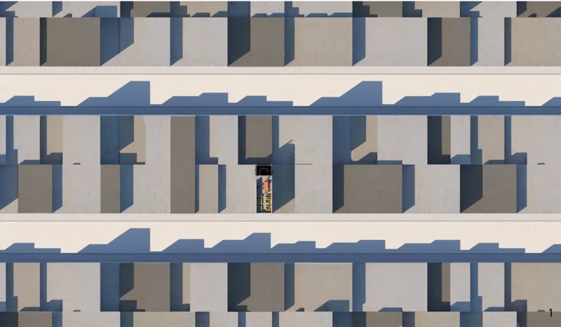 Overhead view of the horizontal facade with recessed openings and a single figure visible in the courtyard