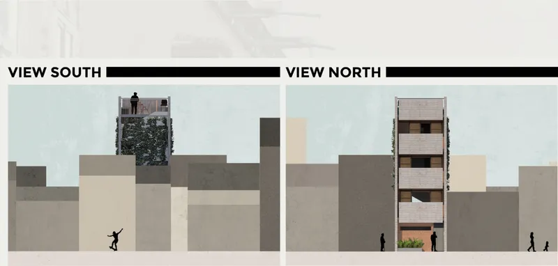 Elevation drawings showing south and north views with figures on rooftop terraces and ground level