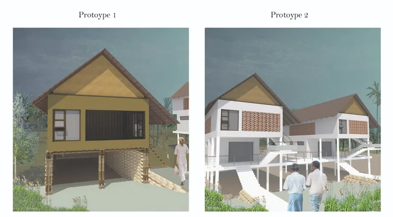 Elevation renderings comparing two dwelling prototypes on stilts with figures standing in front courtyards
