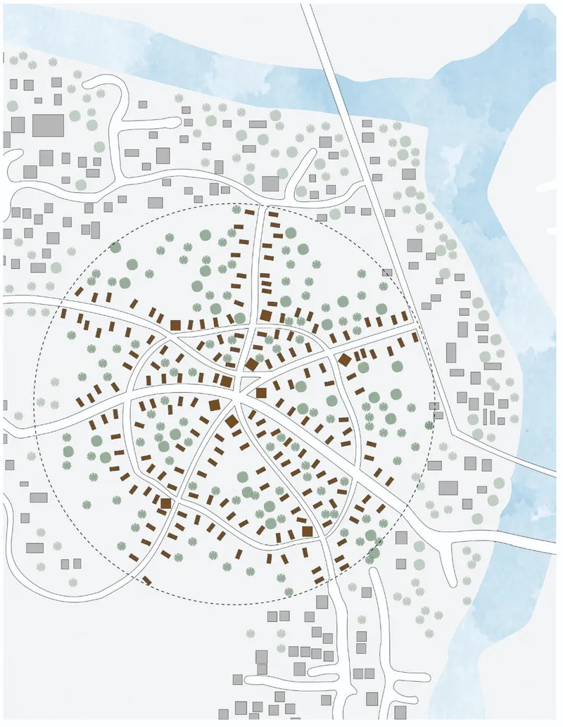 Site plan drawing depicting a flower-shaped settlement with radiating pathways among existing buildings and waterways