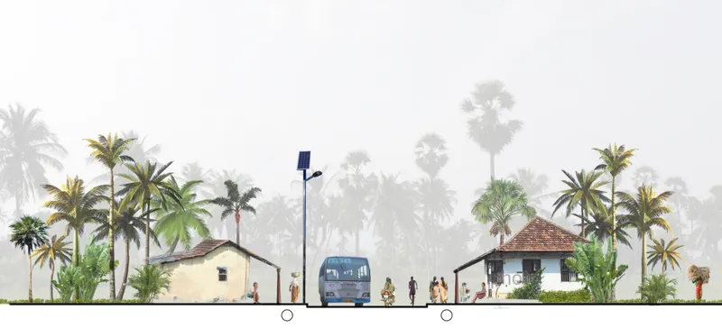 Section elevation rendering showing residential buildings with palm trees and a bus on the principal road