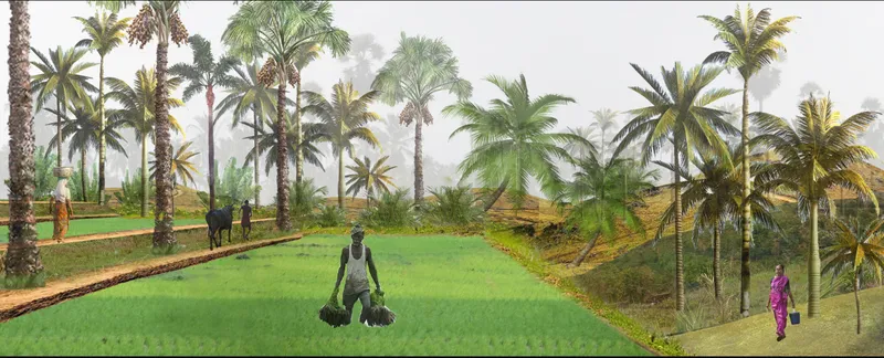 Perspective rendering of terraced rice paddies with palm trees and a farmer carrying baskets in morning mist
