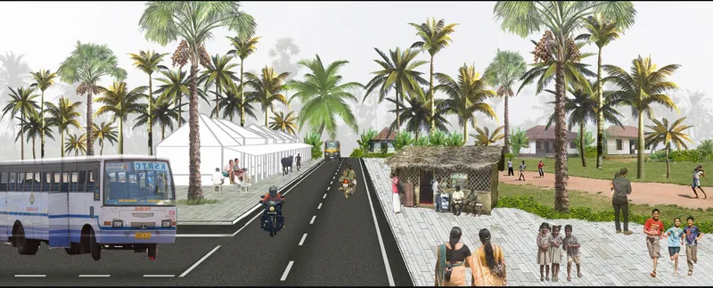 Street perspective rendering showing elevated walkways with palm groves and a bus on the adjacent roadway