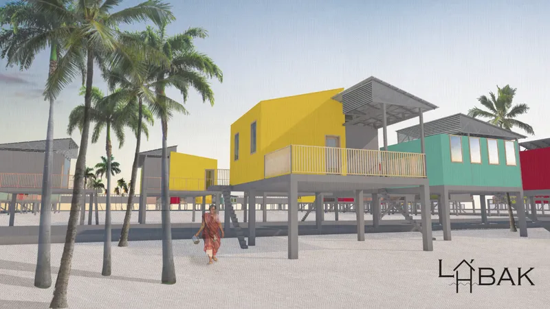 Rendering of elevated houses on stilts with yellow and teal walls beneath palm trees