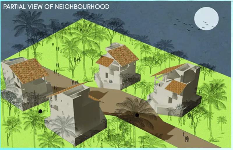 Axonometric drawing showing cluster of residential buildings with terracotta roofs surrounded by palm trees and green spaces