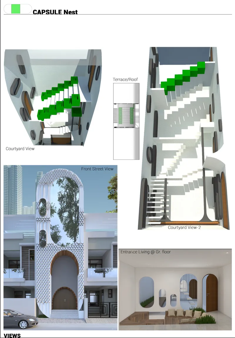 Rendered courtyard views showing green cantilevered stairs connecting white levels with arched openings