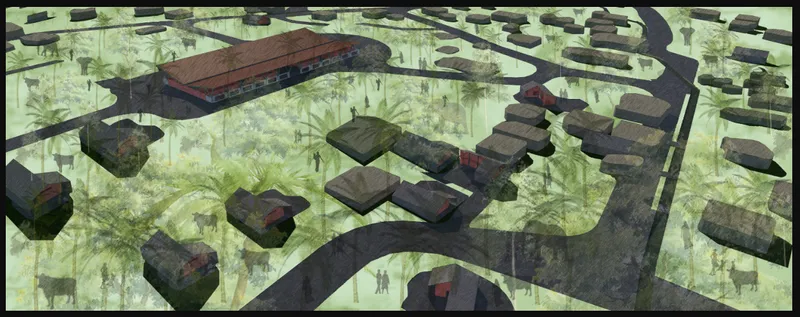 Aerial perspective rendering showing a cluster of low-rise buildings with red roofs scattered across a flooded landscape
