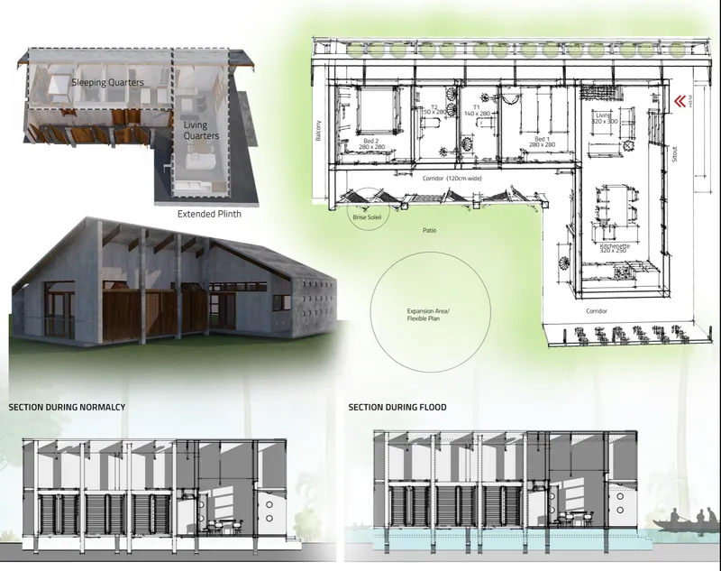 Axonometric drawing and floor plan illustrating a modular dwelling with sleeping quarters, living areas, and an elevated plinth
