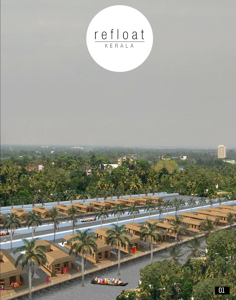 Aerial rendering of a cluster of timber pavilions with sloped roofs along a waterway lined with palm trees