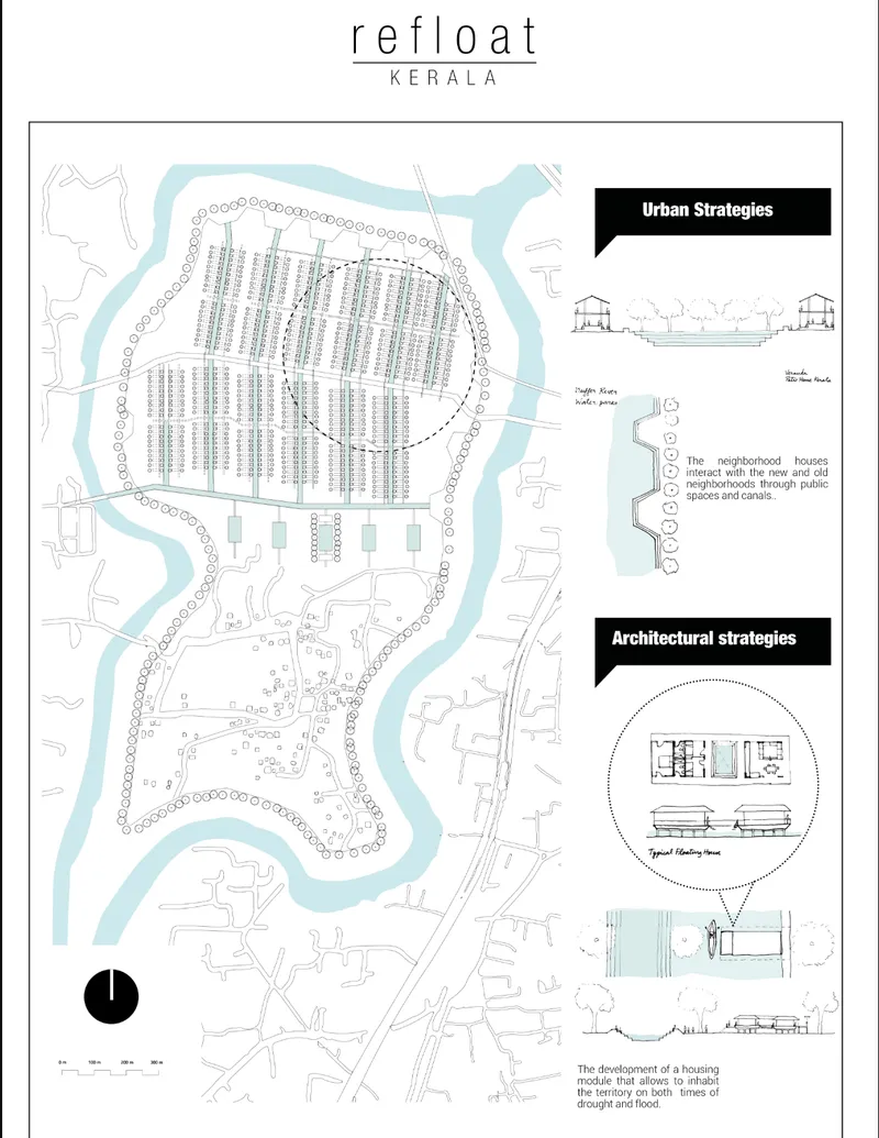 Site plan drawing illustrating urban and architectural strategies for a waterfront settlement surrounded by channels
