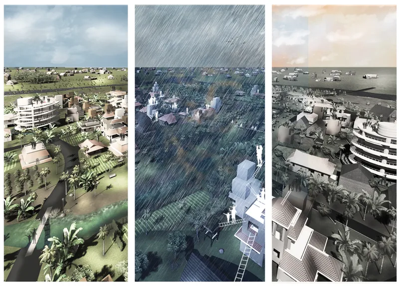 Three renderings depicting the settlement before flooding, during heavy rainfall, and after water recedes