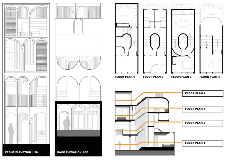 Architectural drawings showing front and back elevations, four floor plans, and a sectional diagram with staggered levels